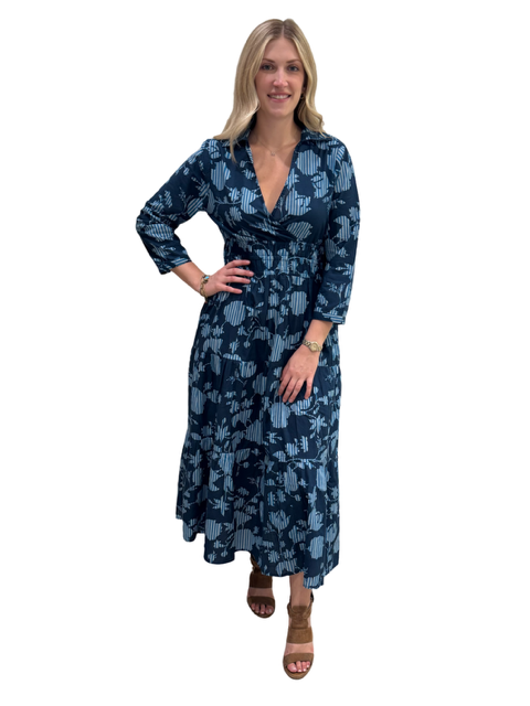 The Sydney Cinch Waist Dress in Navy Blue Striped Leaf Print