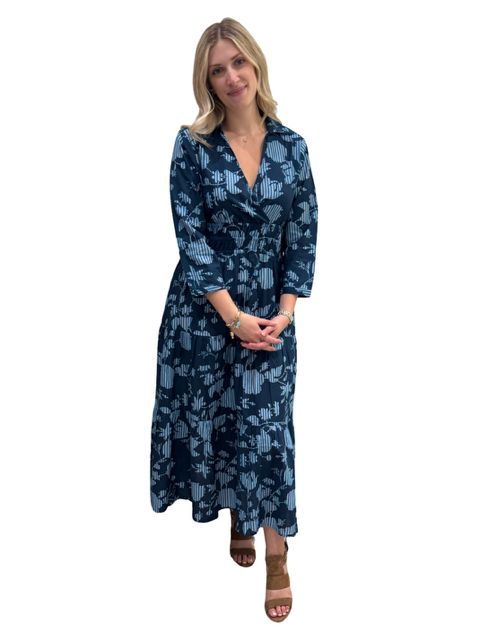 The Sydney Cinch Waist Dress in Navy Blue Striped Leaf Print — view 3