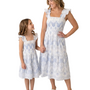 The Cloey Smocked Girl's Dress in Blue Palm Print