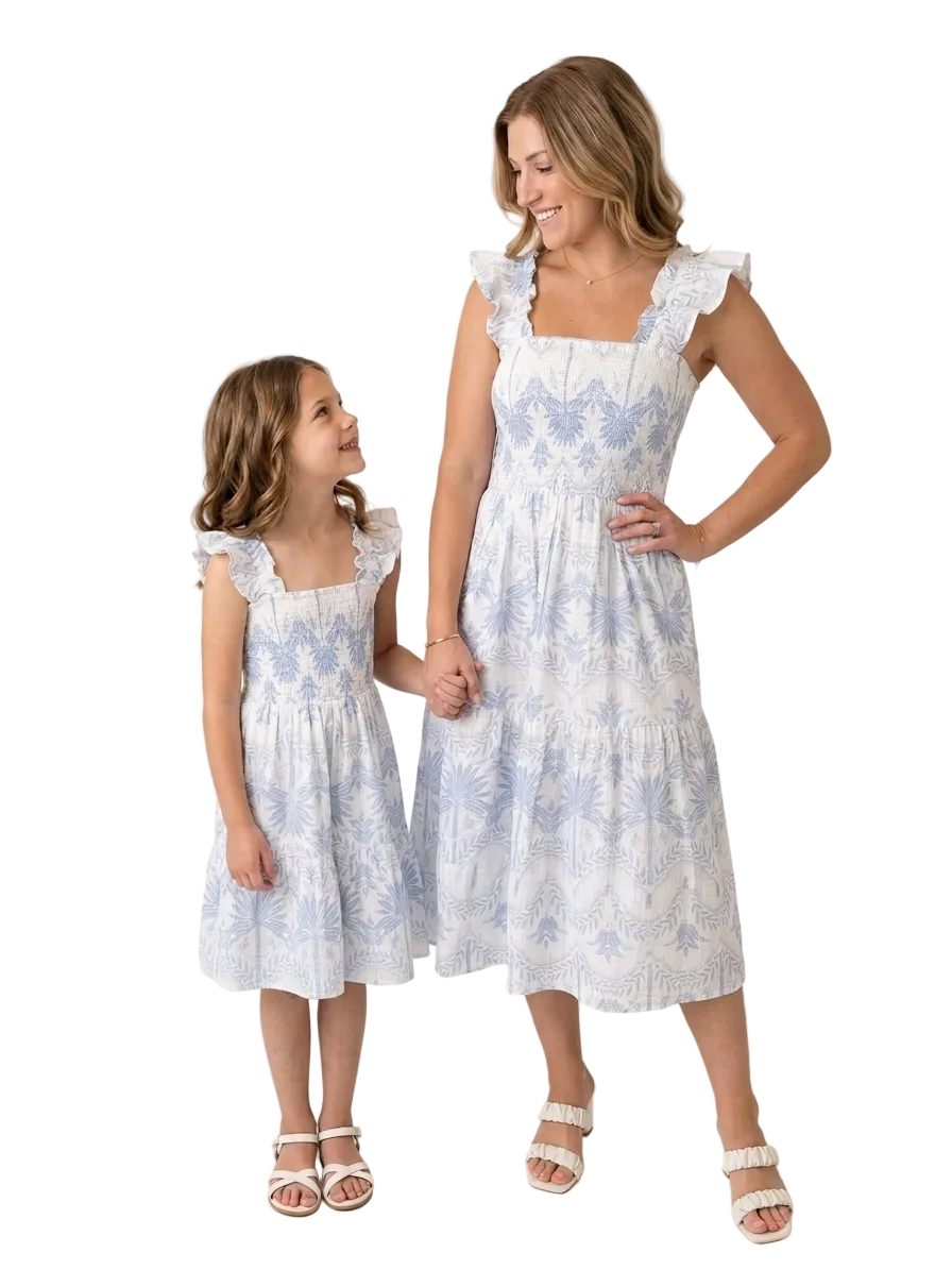 The Cloey Smocked Girl's Dress in Blue Palm Print