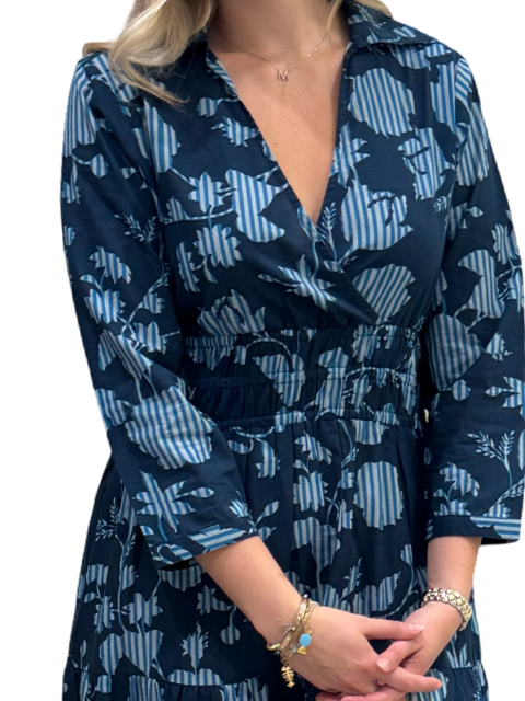 The Sydney Cinch Waist Dress in Navy Blue Striped Leaf Print — view 5