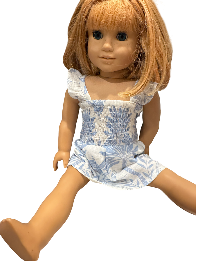 The Cloey Doll Dress in Blue Palm Print — view 3