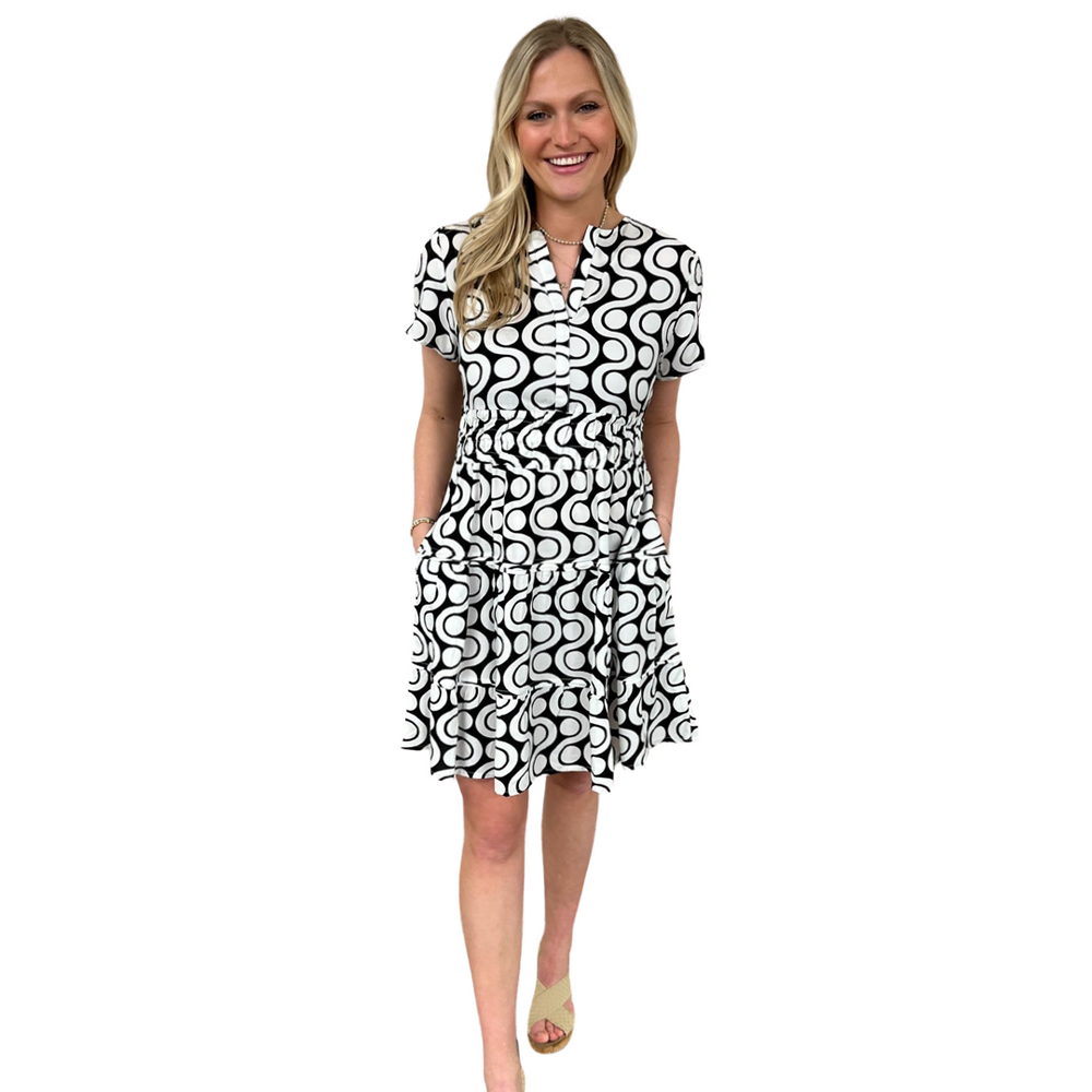 The Sydney Cinch Waist Dress in Optic Black and White — view 2