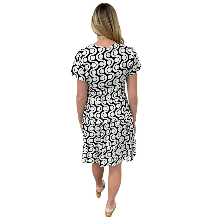 The Sydney Cinch Waist Dress in Optic Black and White — view 4