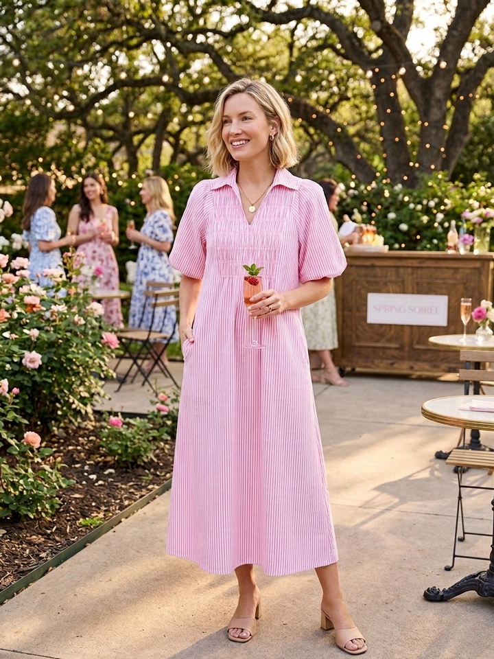 The Joanie Smocked Dress in Pink and White Stripe — view 9