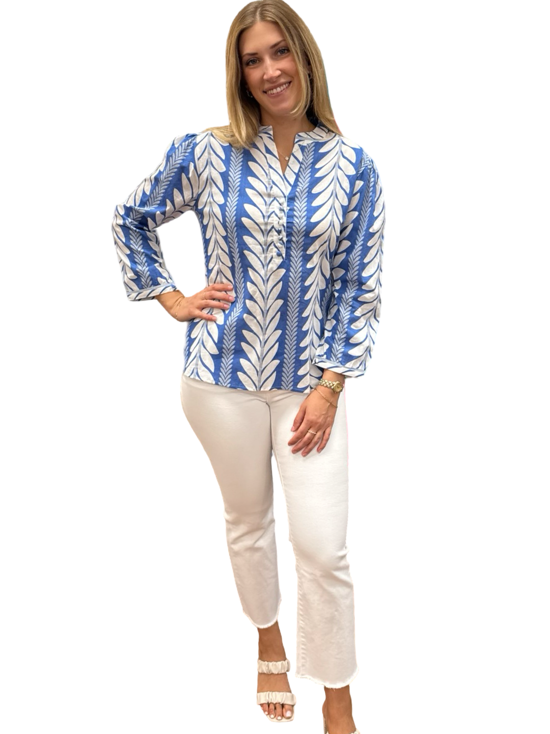 The Addison Cotton Top in Blue Fern Stripe — view 2