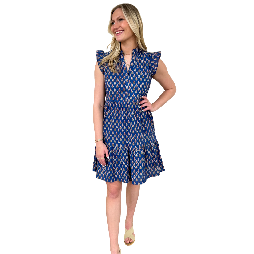 The Campbell Flutter Sleeve Dress in Blue and Pink Hand-Block Floral — view 4