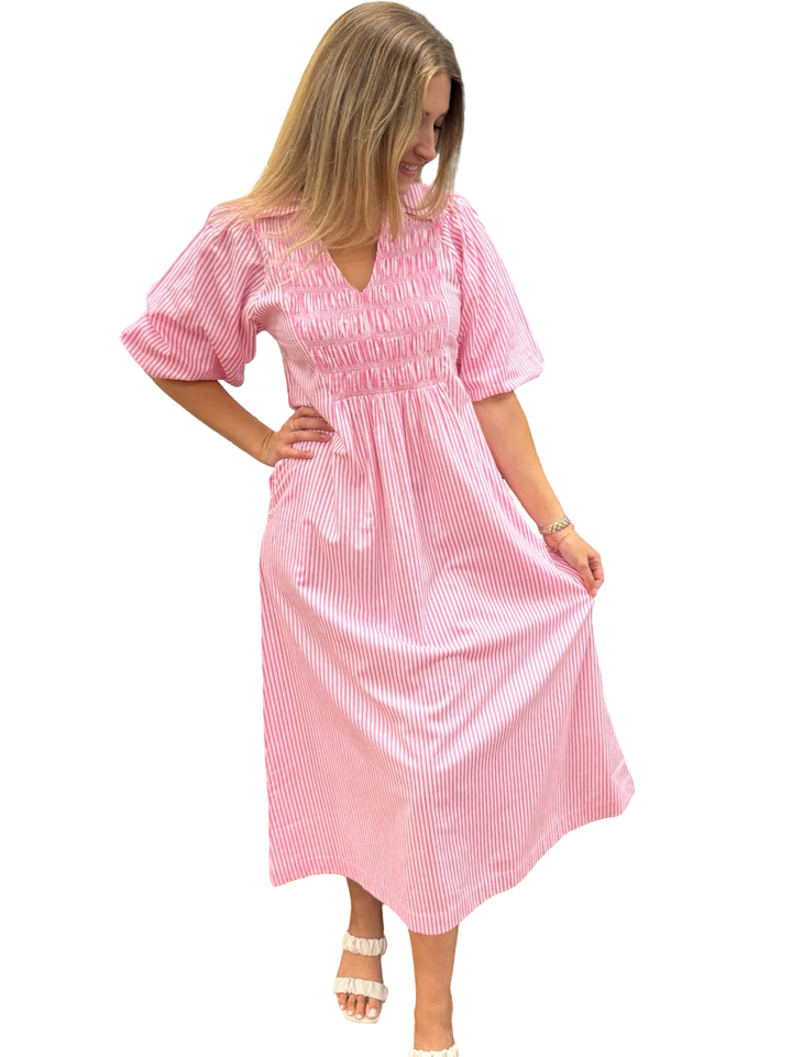The Joanie Smocked Dress in Pink and White Stripe — view 4