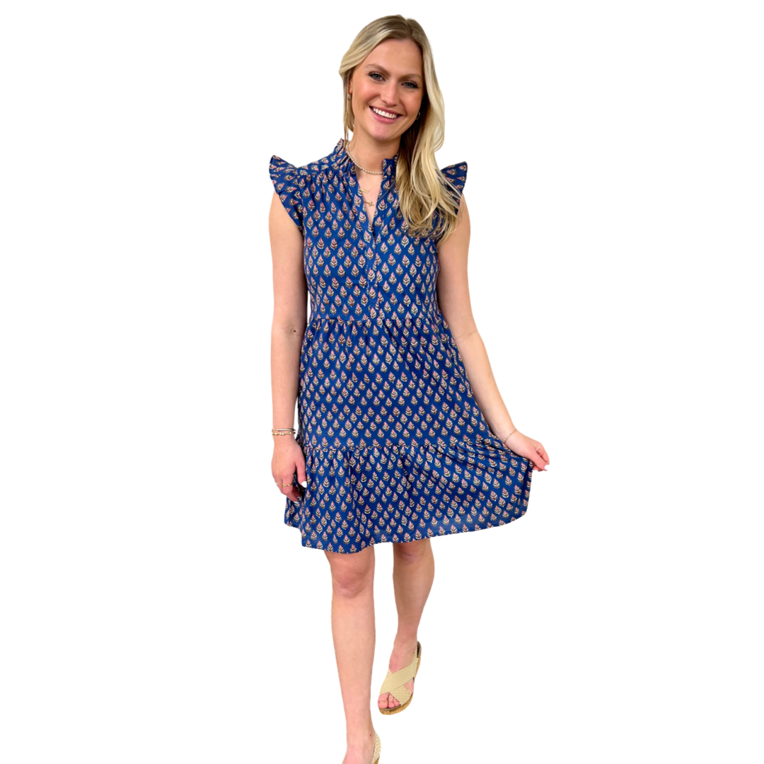 The Campbell Flutter Sleeve Dress in Blue and Pink Hand-Block Floral — view 6