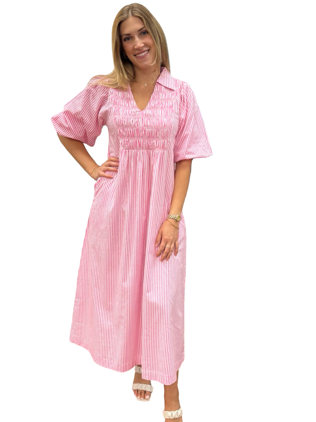 The Joanie Smocked Dress in Pink and White Stripe — view 3