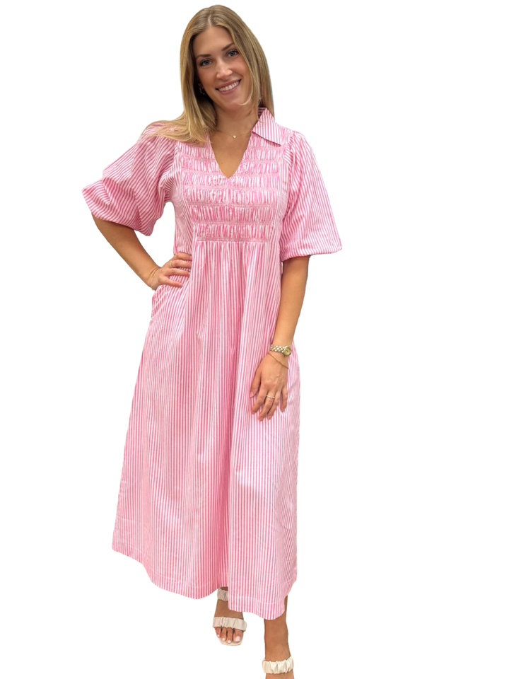 The Joanie Smocked Dress in Pink and White Stripe — view 3