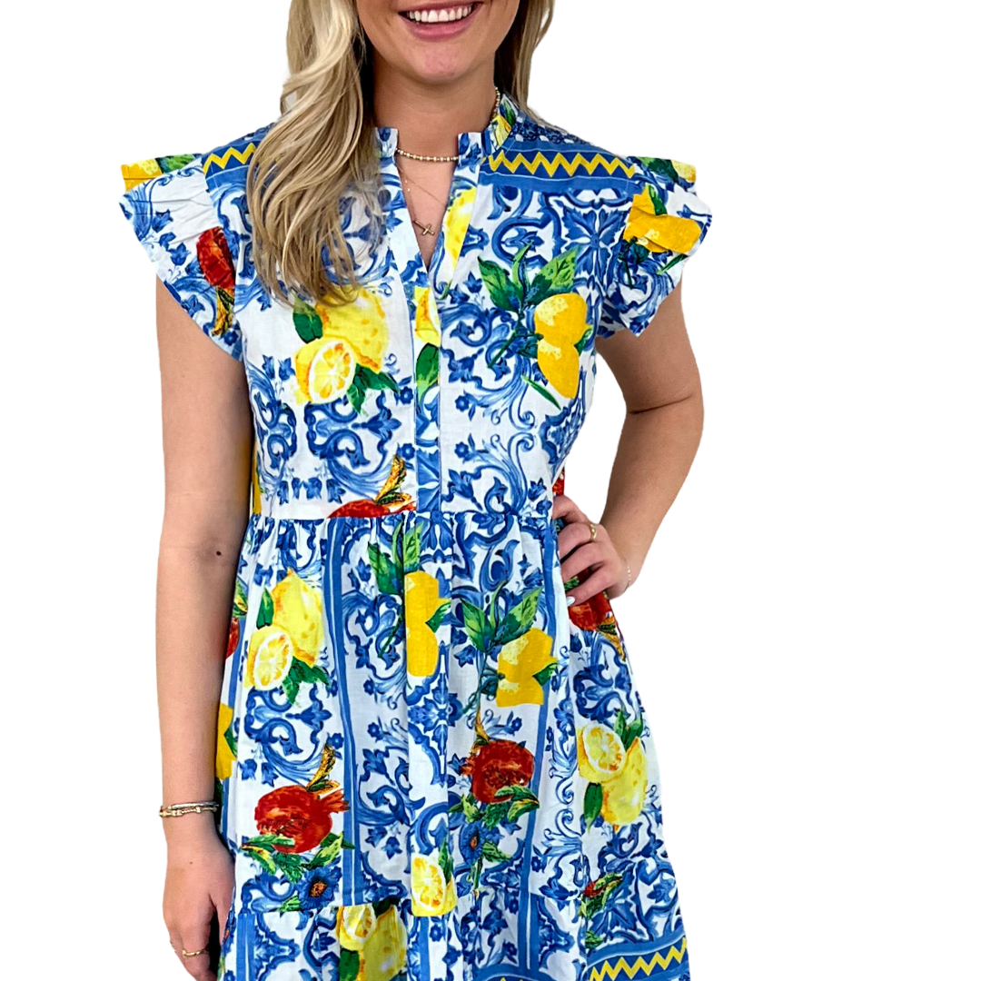 The Campbell Cotton Lemon Print Dress in Blue and Yellow — view 3