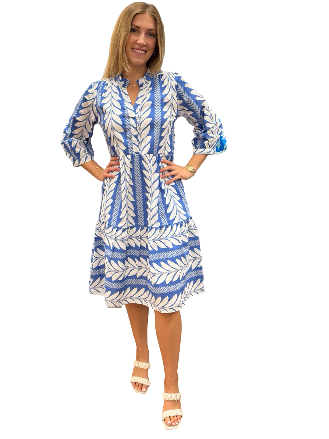 The Campbell 3/4 Sleeve Dress Midi Dress in Blue Fern