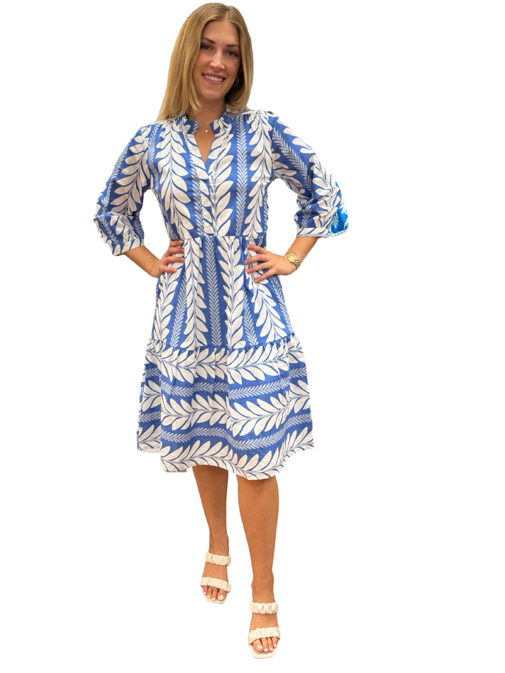The Campbell 3/4 Sleeve Dress Midi Dress in Blue Fern