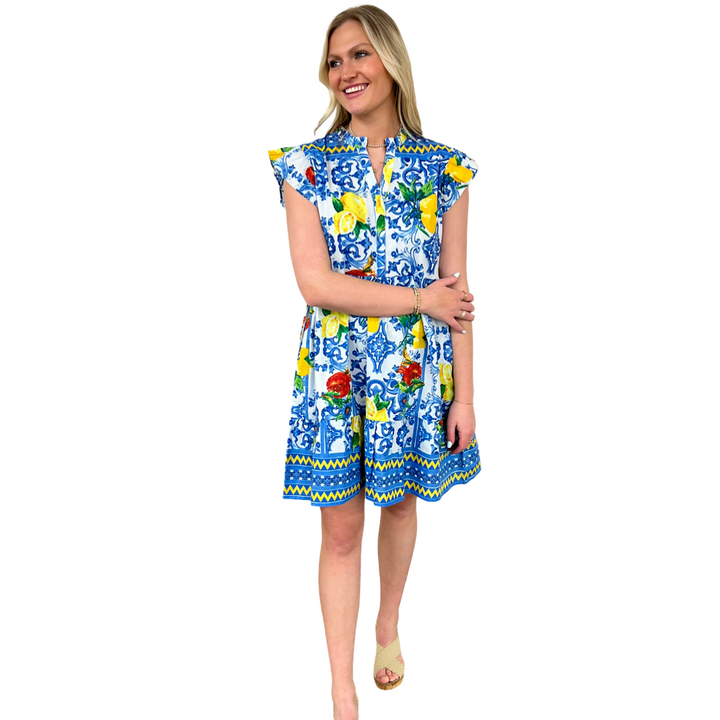 The Campbell Cotton Lemon Print Dress in Blue and Yellow — view 4