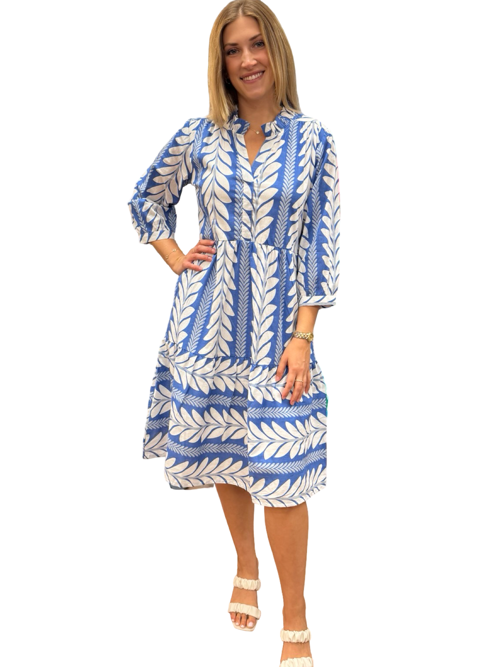 The Campbell 3/4 Sleeve Dress Midi Dress in Blue Fern — view 2