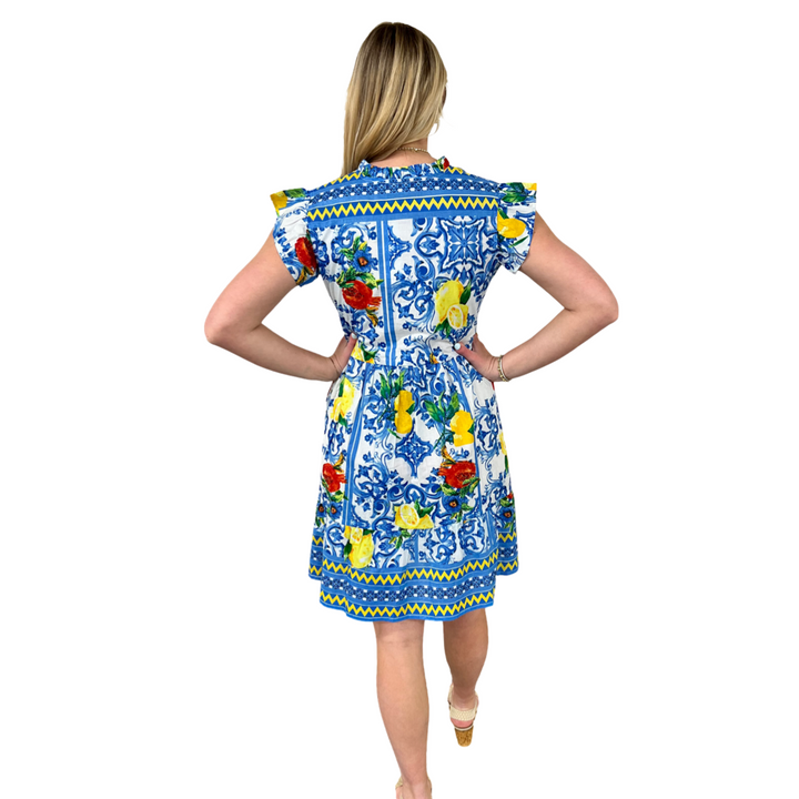 The Campbell Cotton Lemon Print Dress in Blue and Yellow — view 5
