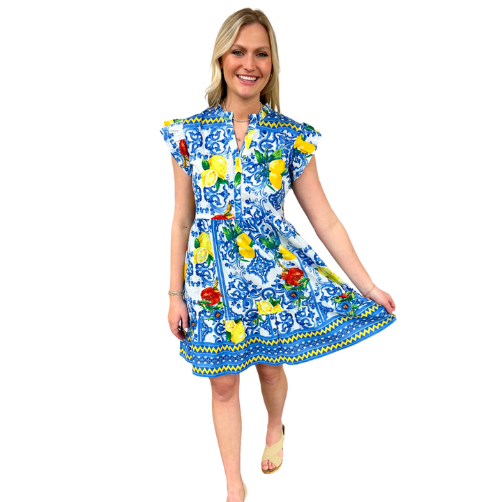 The Campbell Cotton Lemon Print Dress in Blue and Yellow — view 6