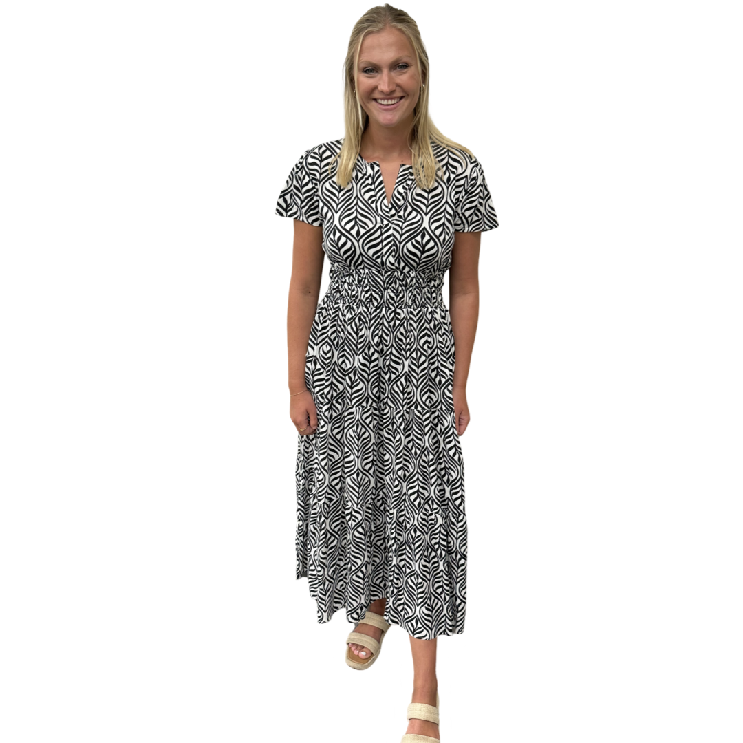 The Sydney Cinch Waist Dress in Classic Black and White — view 3