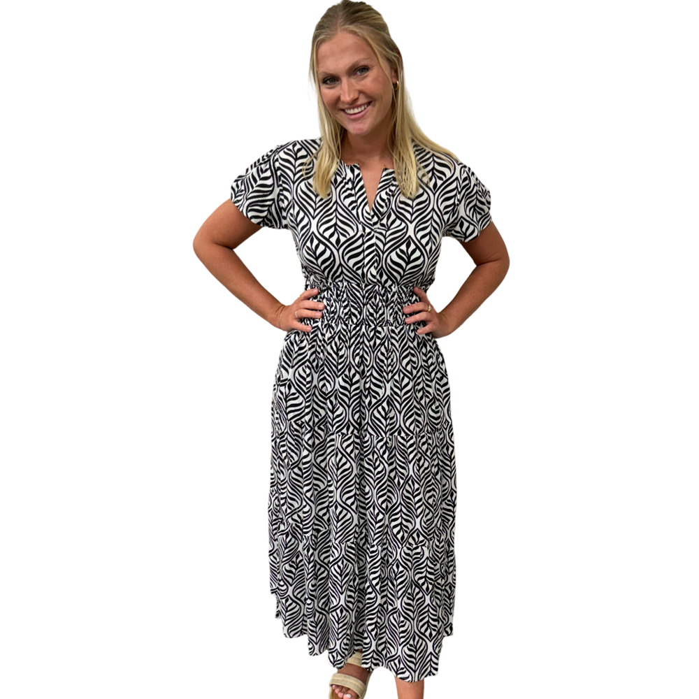 The Sydney Cinch Waist Dress in Classic Black and White — view 2
