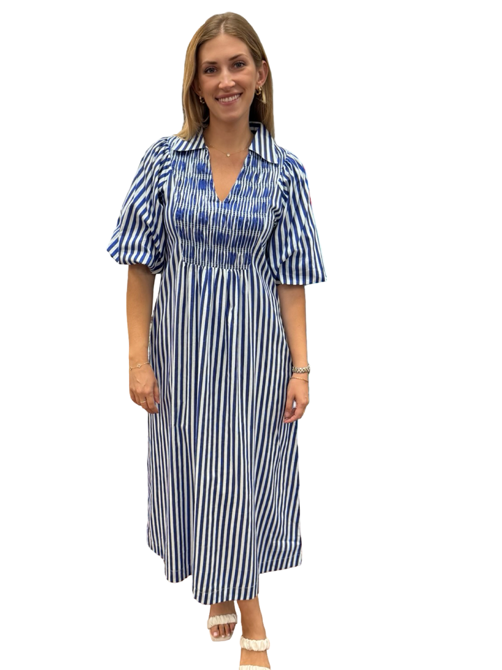 The Joanie Smocked Blue White Striped Dress — view 3