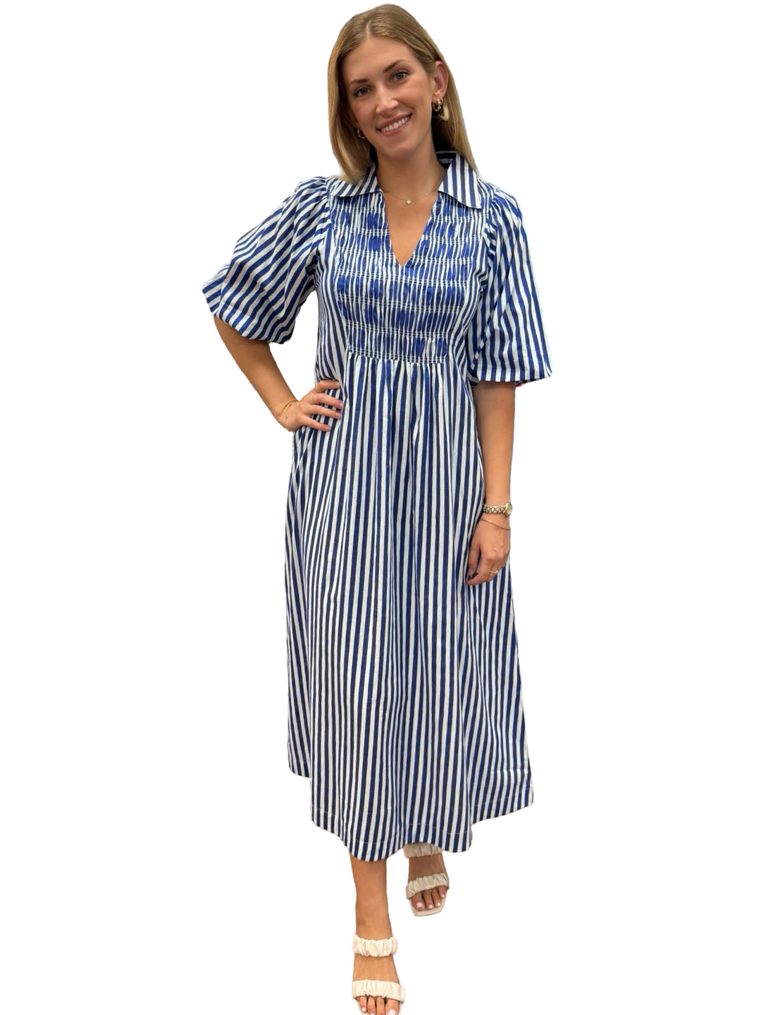 The Joanie Smocked Blue White Striped Dress