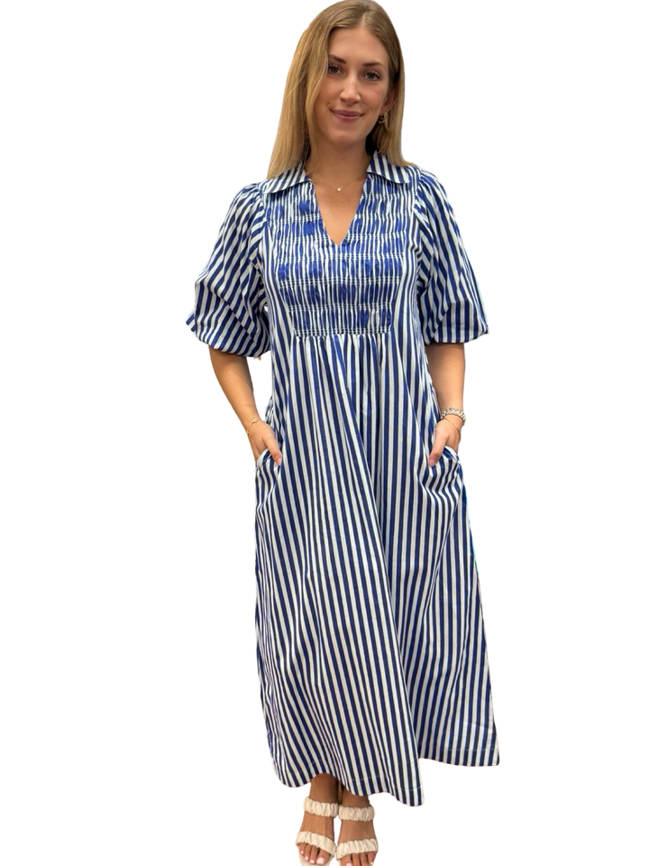 The Joanie Smocked Blue White Striped Dress — view 2