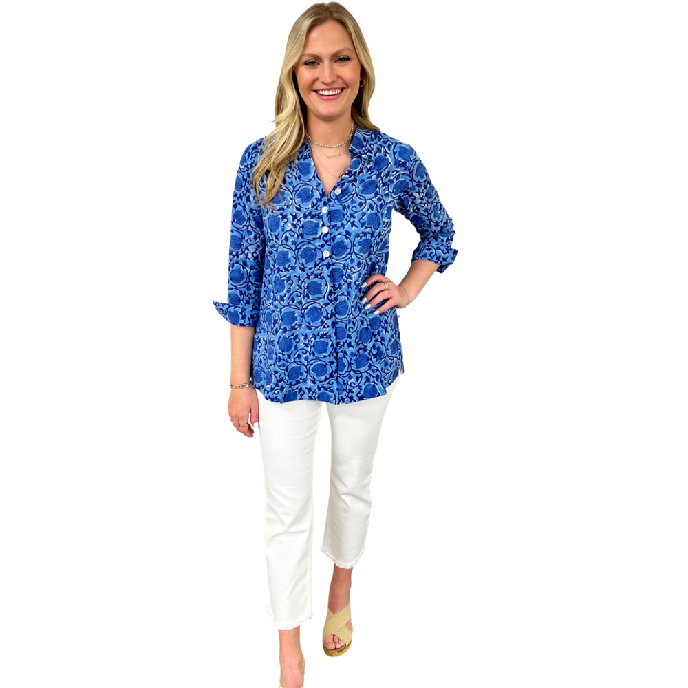 The Mason Button Back Cotton Block Print Top in Periwinkle and Blue — view 2