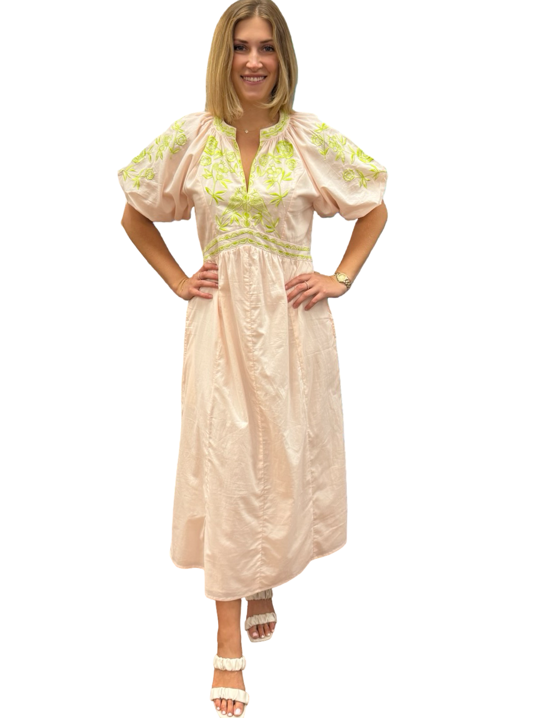 The Gabby Long Cotton Embroidered Dress in Soft Pink Sand