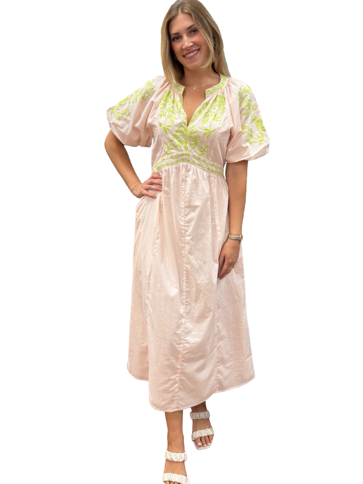 The Gabby Long Cotton Embroidered Dress in Soft Pink Sand — view 3