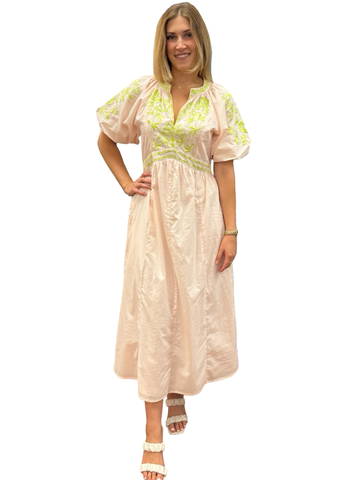 The Gabby Long Cotton Embroidered Dress in Soft Pink Sand — view 4