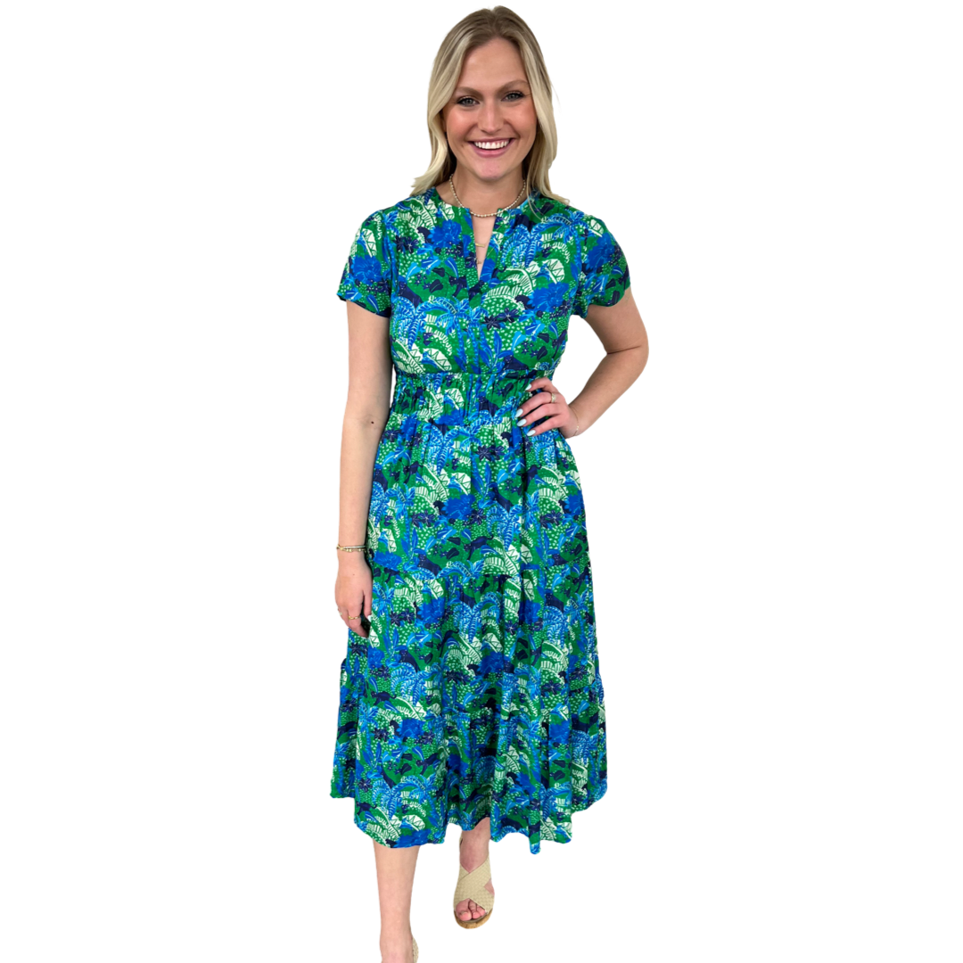 The Sydney Cinch Waist Dress in Blue Green Tropical Panther Print The Sydney Cinch Waist Dress in Blue Green Tropical Panther Print