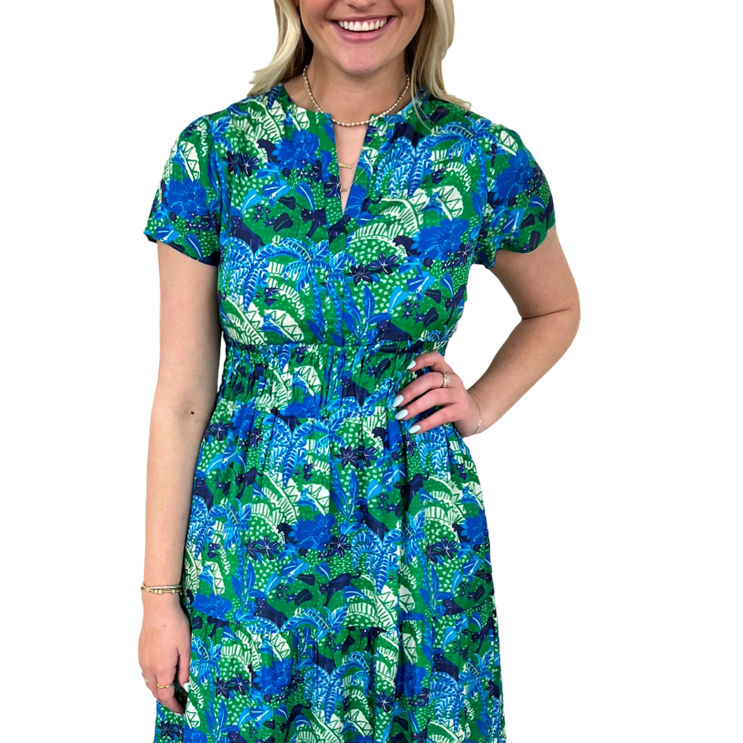 The Sydney Cinch Waist Dress in Blue Green Tropical Panther Print – Liza  Byrd
