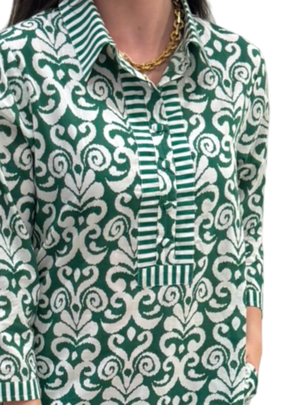 The Annika Cotton Dress in Emerald Green and White — view 2