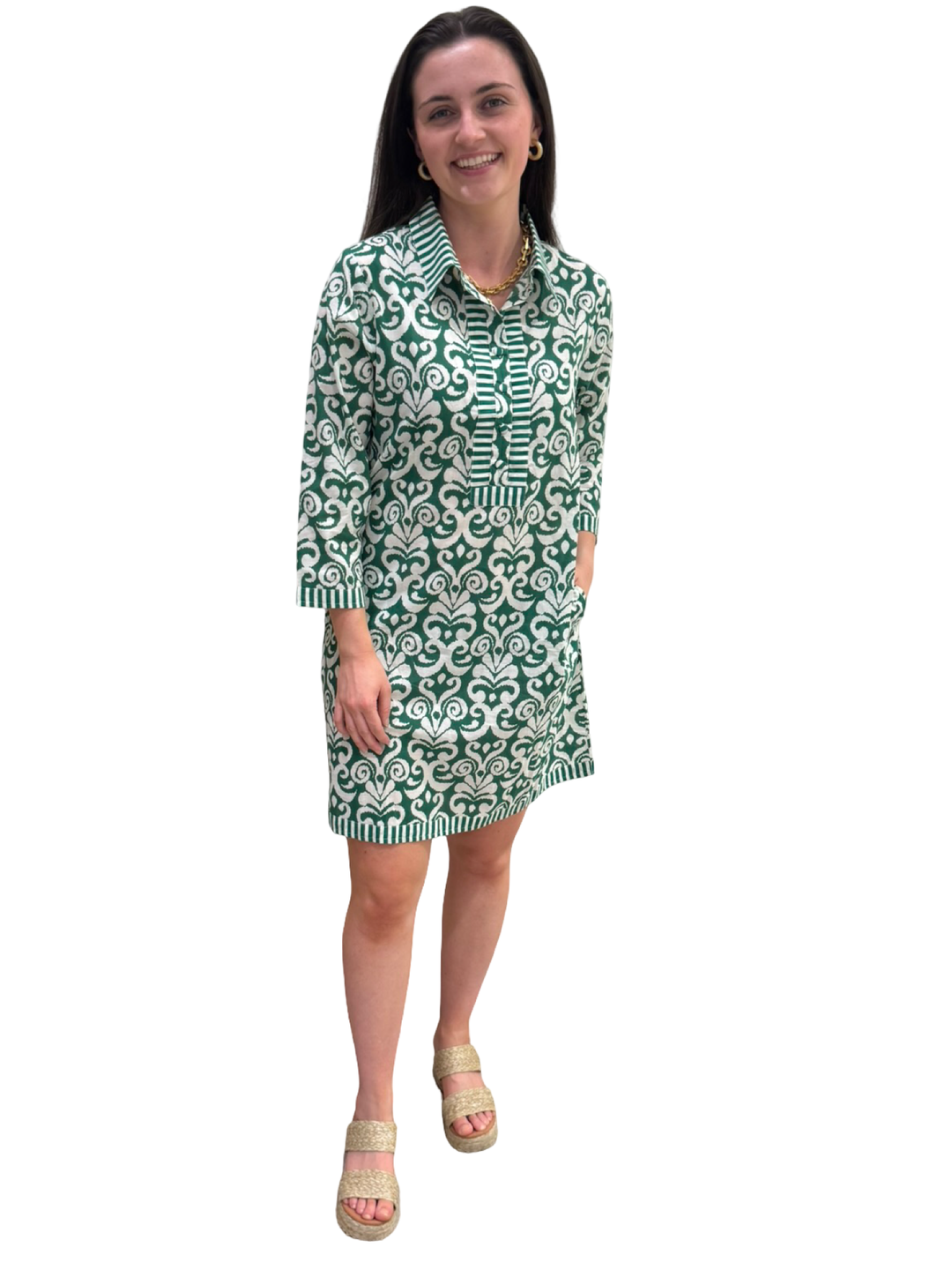 The Annika Cotton Dress in Emerald Green and White — view 3