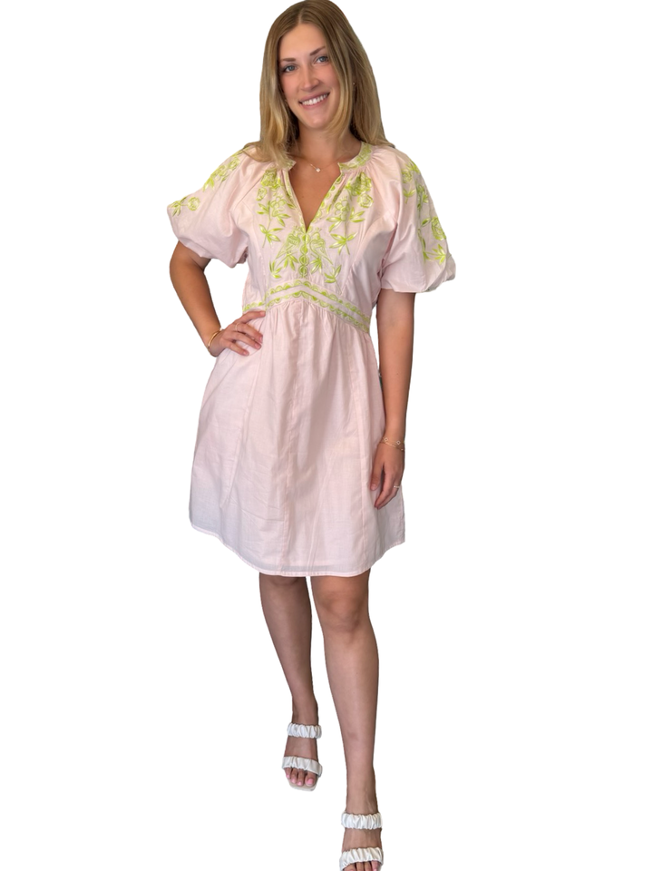 The Gabby Embroidered Cotton Dress in Sand — view 3