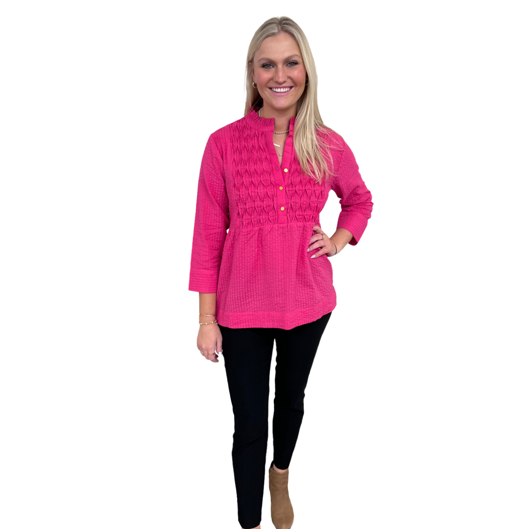 The Veronica Seer-Sucker Cotton Smocked Top in Fuschia Pink — view 7