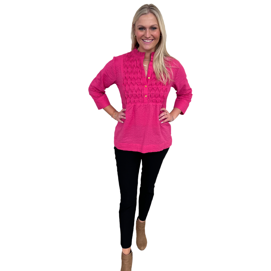 The Veronica Seer-Sucker Cotton Smocked Top in Fuschia Pink — view 8