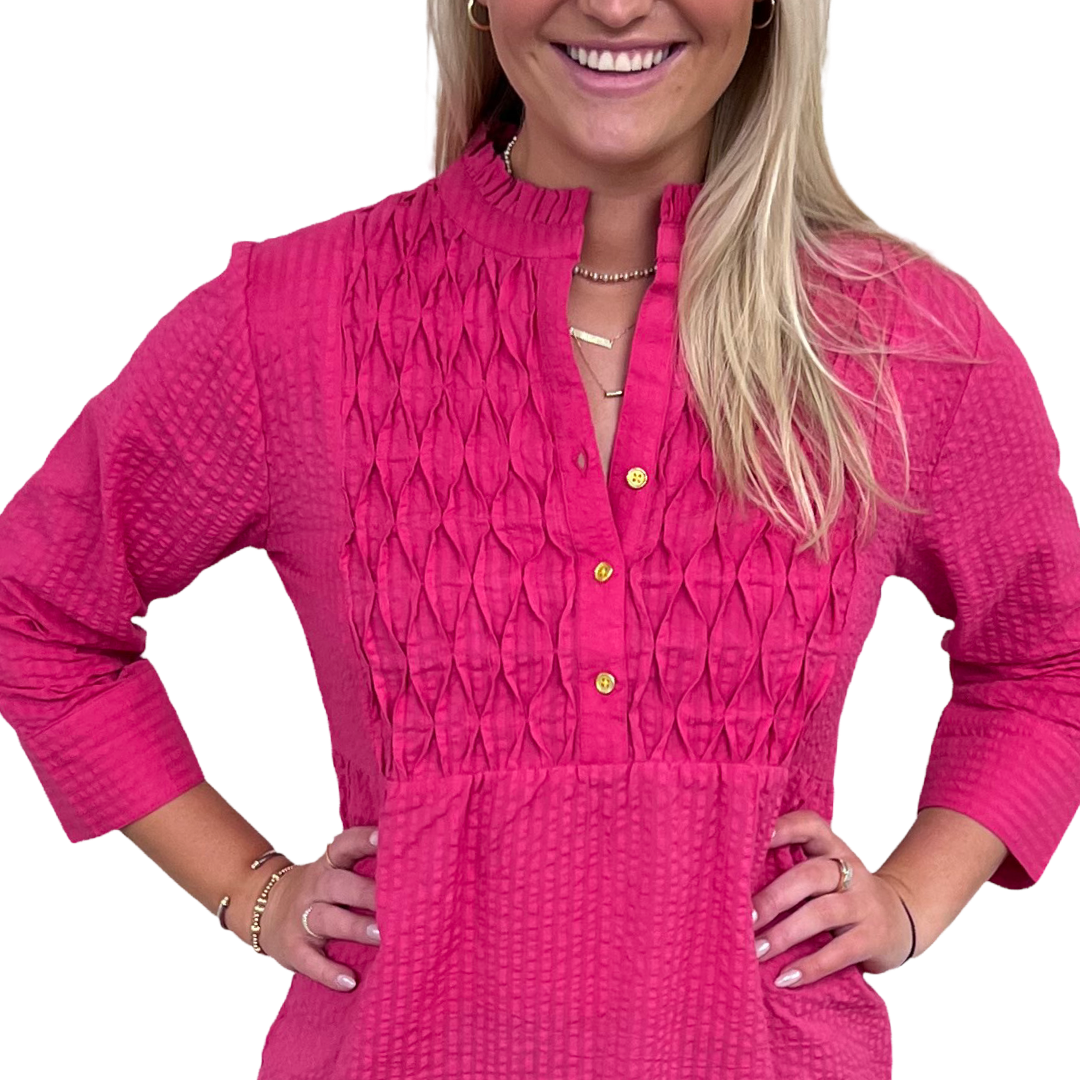 The Veronica Seer-Sucker Cotton Smocked Top in Fuschia Pink — view 6