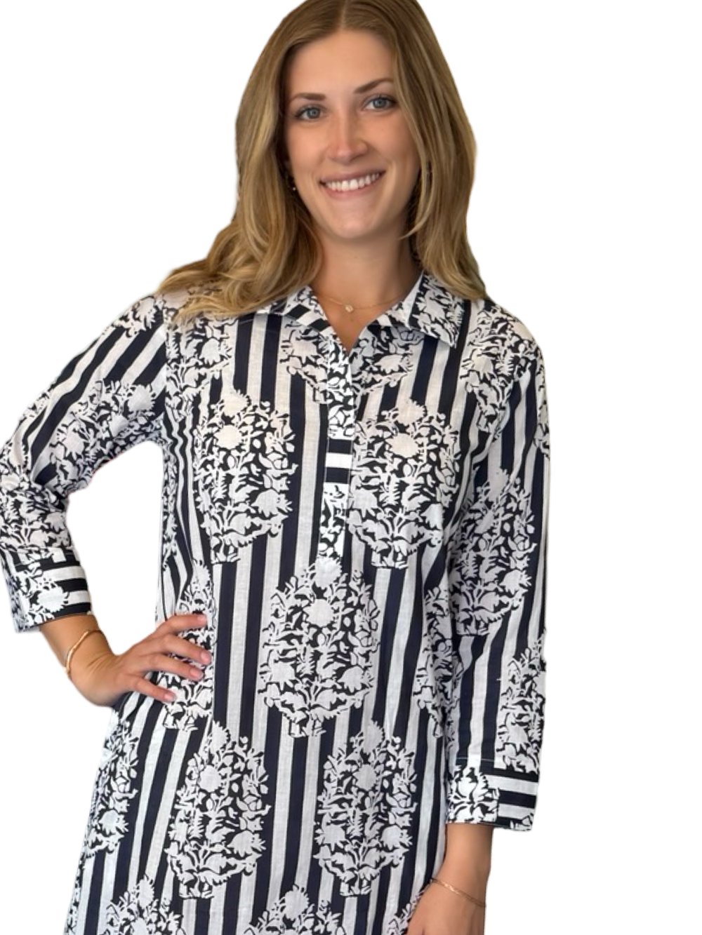 The Lisette Dress in Navy White Floral Stripe — view 2