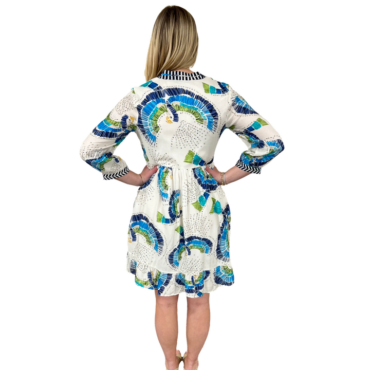 The Morley Embroidered Abstract Bird Print Dress in Ivory and Blue — view 5