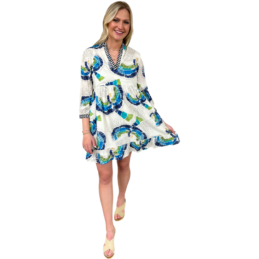 The Morley Embroidered Abstract Bird Print Dress in Ivory and Blue — view 7
