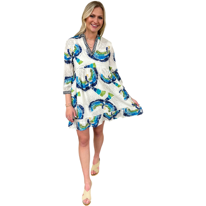 The Morley Embroidered Abstract Bird Print Dress in Ivory and Blue — view 7