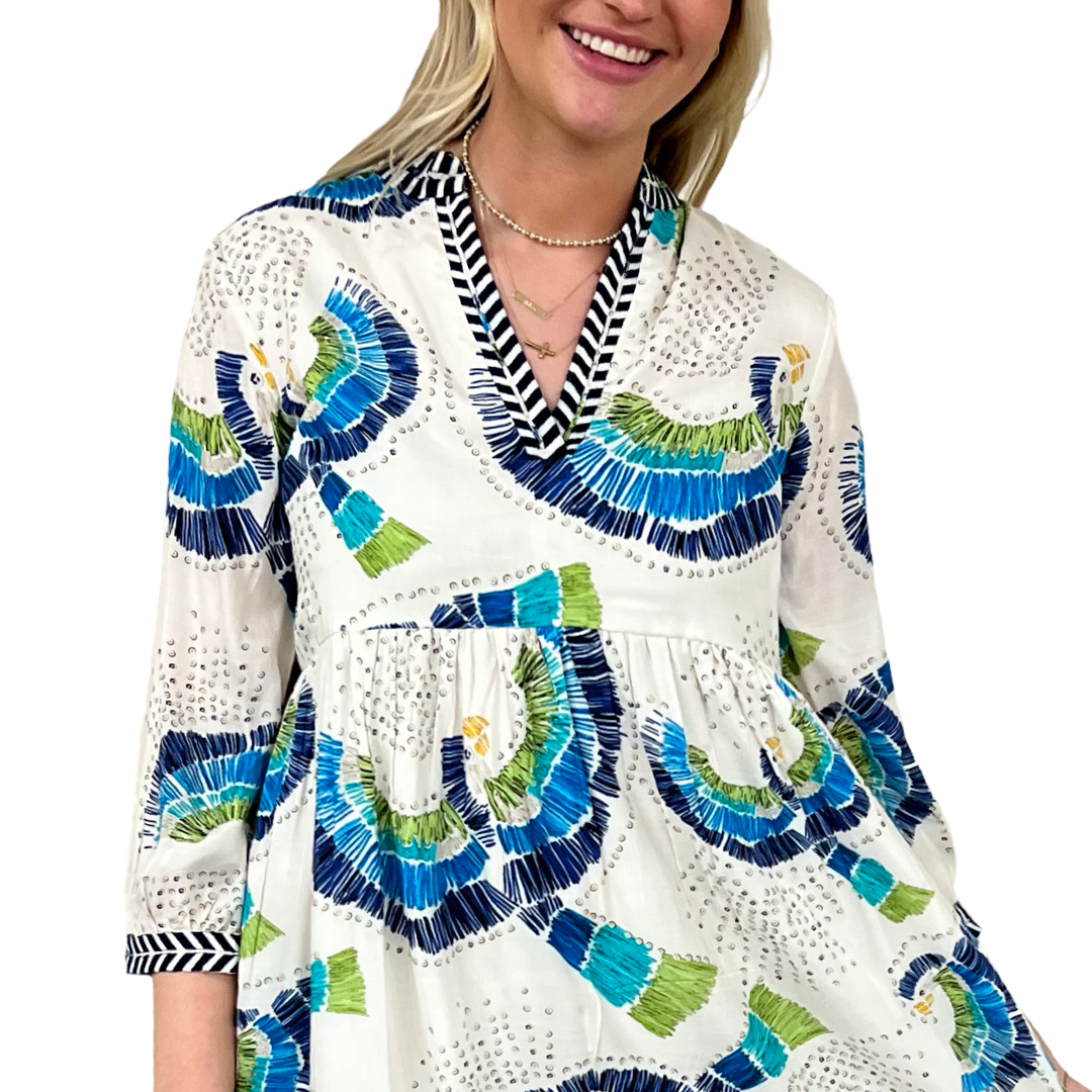 The Morley Embroidered Abstract Bird Print Dress in Ivory and Blue — view 6