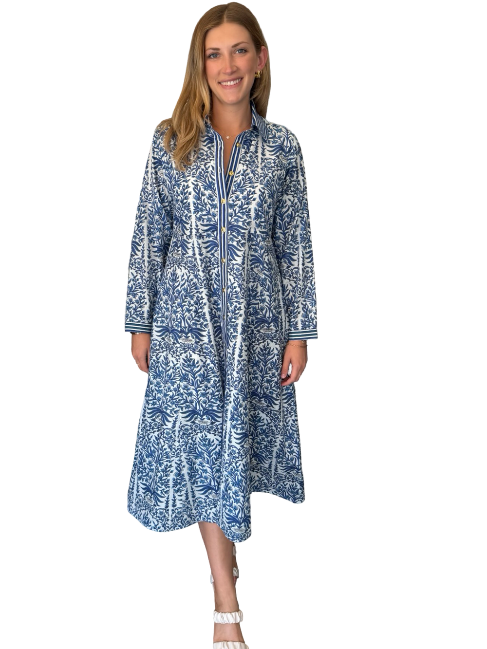 The Marion Button Front Dress in Navy White Hand Block Printed Floral — view 2
