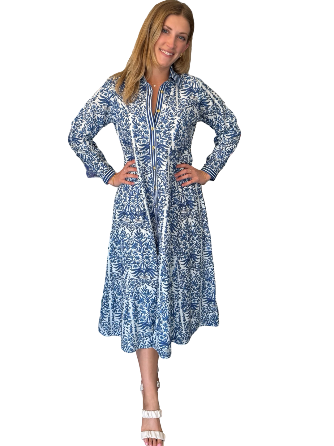 The Marion Button Front Dress in Navy White Hand Block Printed Floral