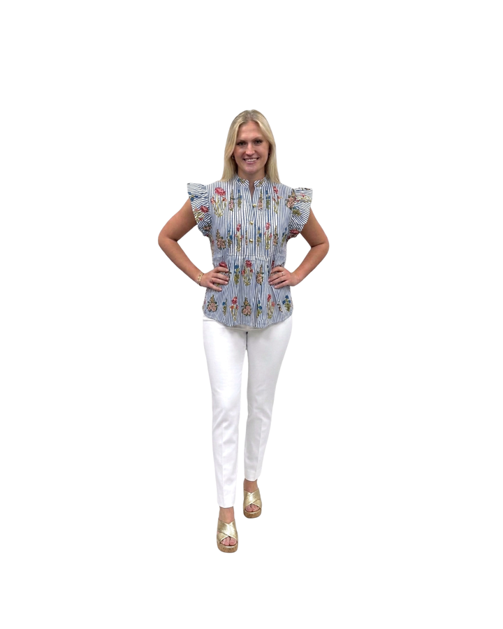 The Ava Pintuck Flutter Sleeve Top in Blue Striped Floral Hand Block — view 2