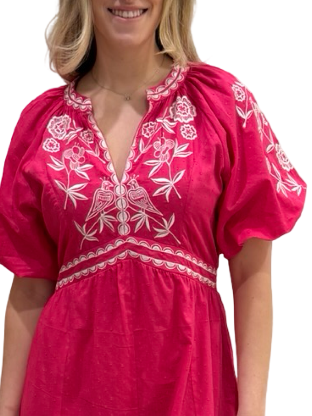 The Gabby Long Embroidered Dress in Hot Pink and White — view 4