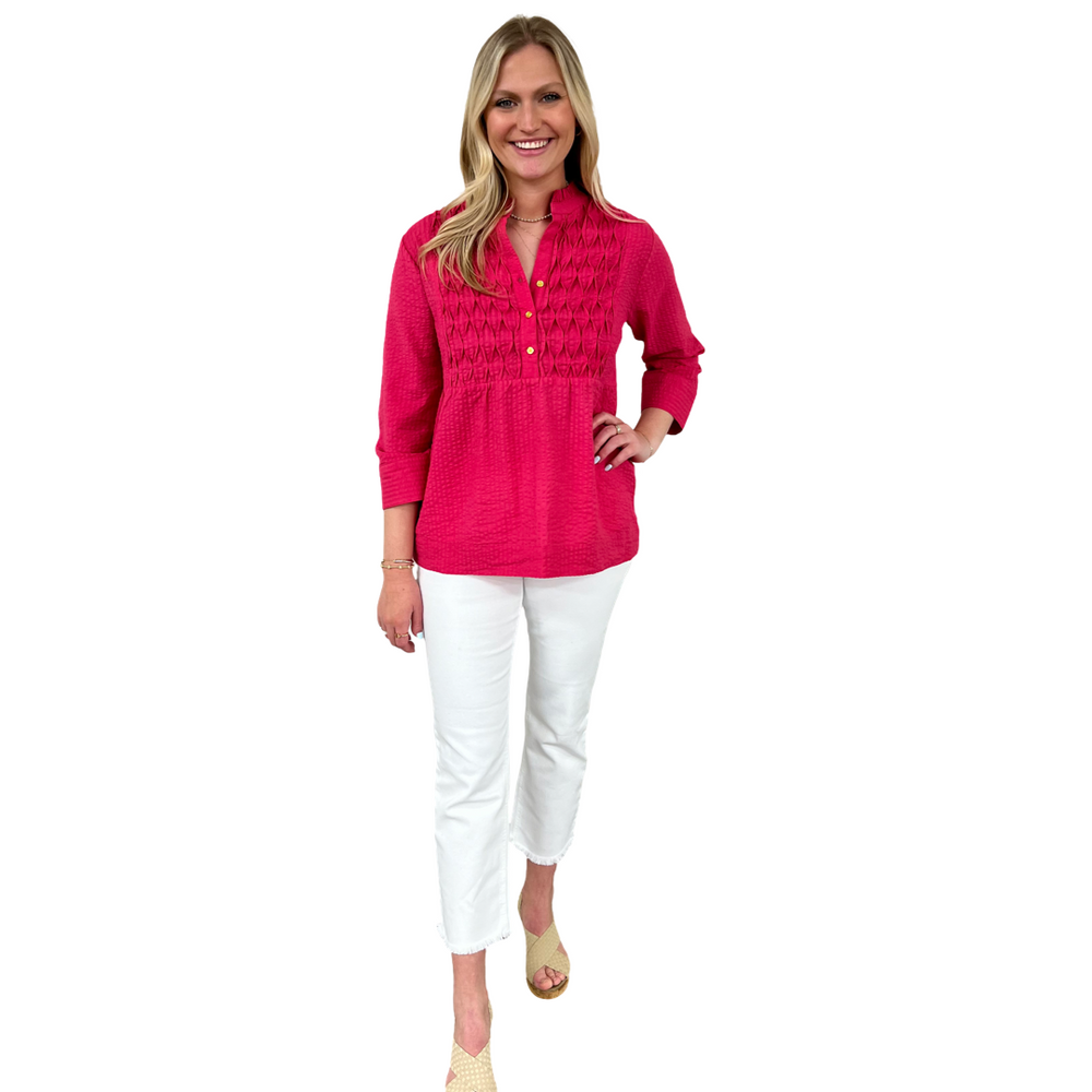 The Veronica Seer-Sucker Cotton Smocked Top in Fuschia Pink — view 2