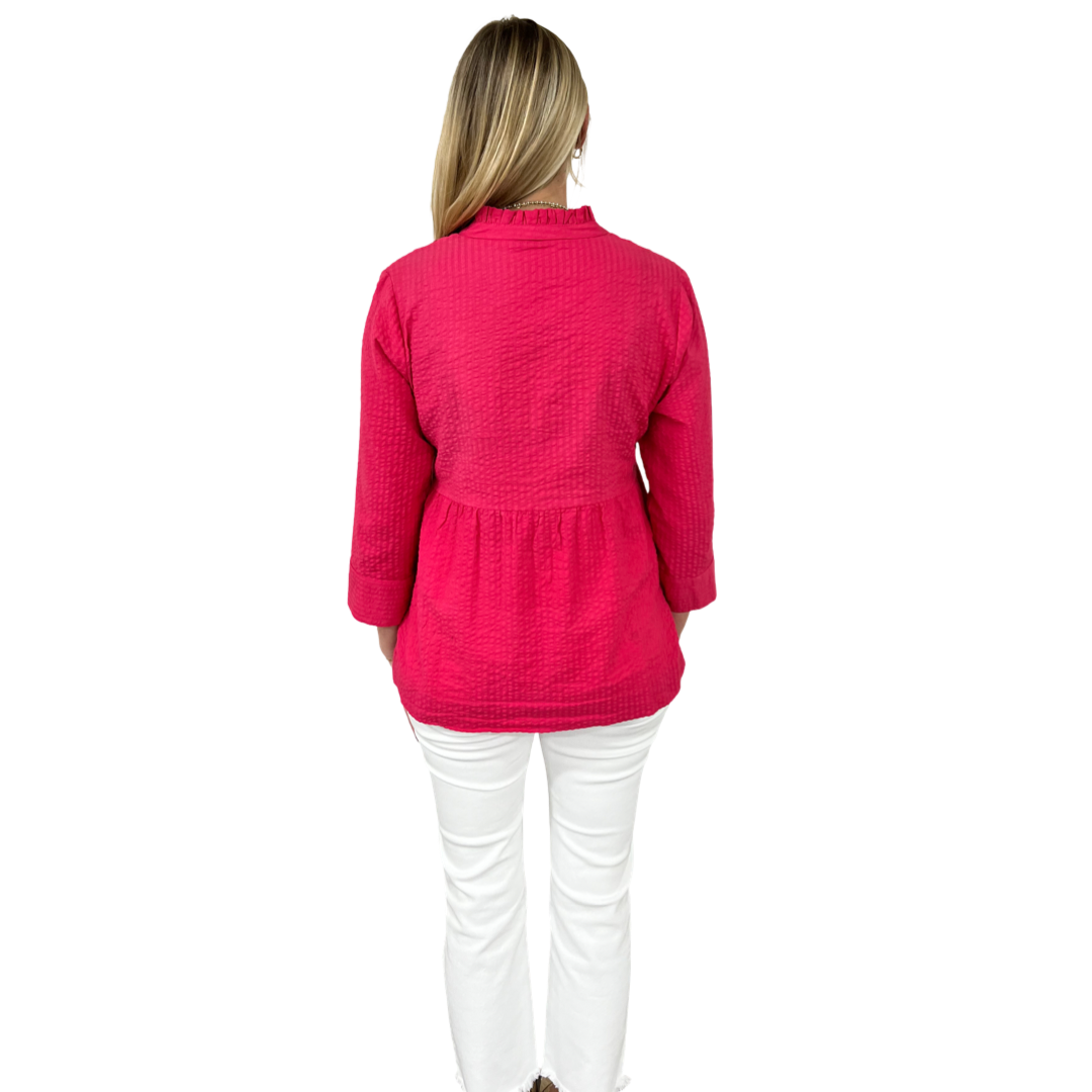 The Veronica Seer-Sucker Cotton Smocked Top in Fuschia Pink — view 5